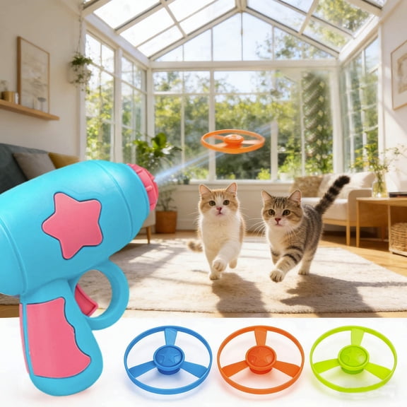 Cat Fetch Toy, Interactive Flying Cat Toy, Kitten Tracks Toy for Training Hunting Chasing(1 Gun 3 Unlit flying saucers),Blue