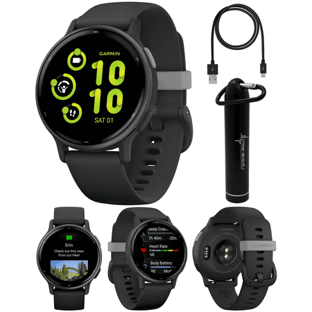 Garmin Vivoactive 5 Health and Fitness GPS Smartwatch, 1.2 in AMOLED Display, Up to 11 Days of Battery, Slate Aluminim Bezel with Black Case and Silicone Band with Wearable4U Power Bank Bundle