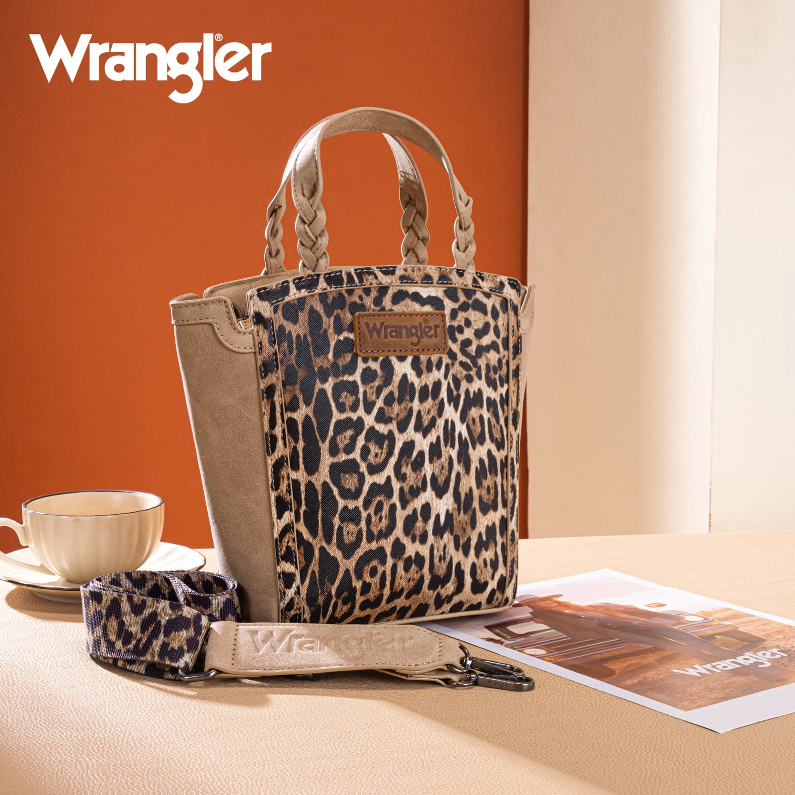 Wrangler Purse for Women Animal Print Crossbody Bags Top-Handle Shoulder Bag Leopard Print Handbag for Everyday Casual Use, Tan