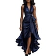 thumbnail image 2 of Lifetechs Women Ruffle Satin High Low Prom Dress Sleeveless V Neck Halter Tie Waist Midi Dress Wedding Guest Party Cocktail Dress Navy Blue, 2 of 7