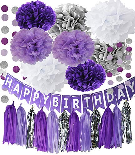 Purple Silver Party Decorations Tissue Pom Pom Happy Birthday