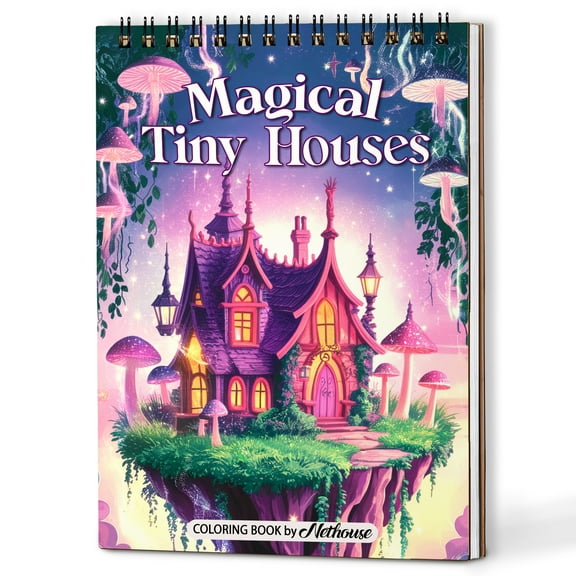 NETHOUSE Magical Tiny Houses Spiral Coloring Book for Adults, A5 Wooden Cover, 30 Coloring Pages of Enchanting Miniature Cottages, Whimsical Fairy Homes, Cozy Cabins, Fantasy Architecture