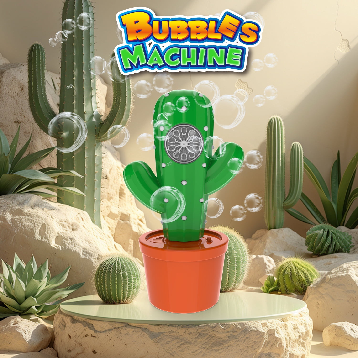Cactus Electric Bubbles Machine for Kids, 10 Holes Portable Automatic Bubbles Maker with Lights for Boys Girls Tummy Time Toys Birthday Gifts