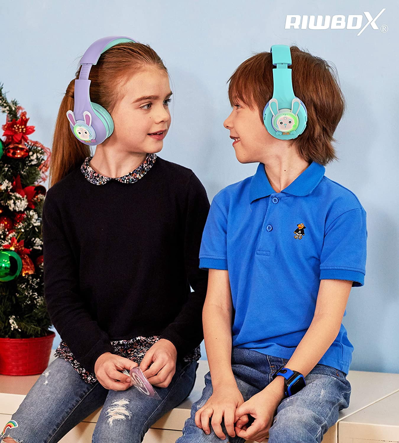 Riwbox RB-7S Rabbit Kids Headphones Wireless, LED Light Up Bluetooth Over Ear Headset Volume Limited Safe 75dB/85dB/95dB with Mic and TF-Card, Children Headphones for Girls Boys (Purple&Green)