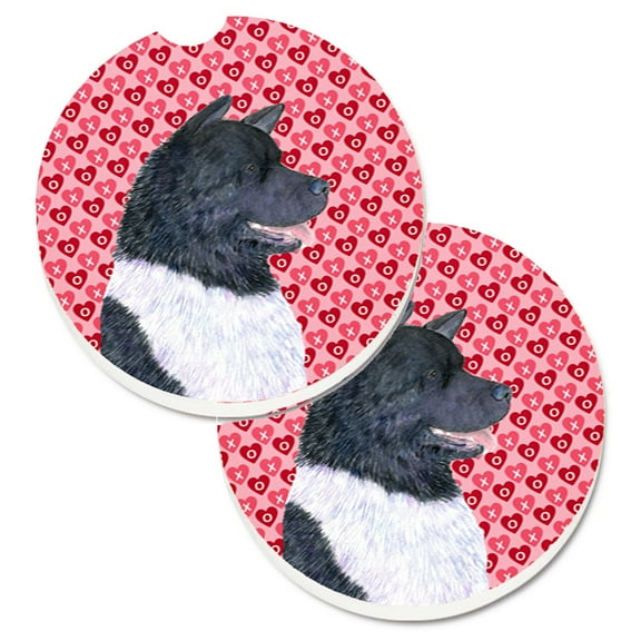 Akita Hearts Love and Valentines Day Portrait Set of 2 Cup Holder Car Coasters