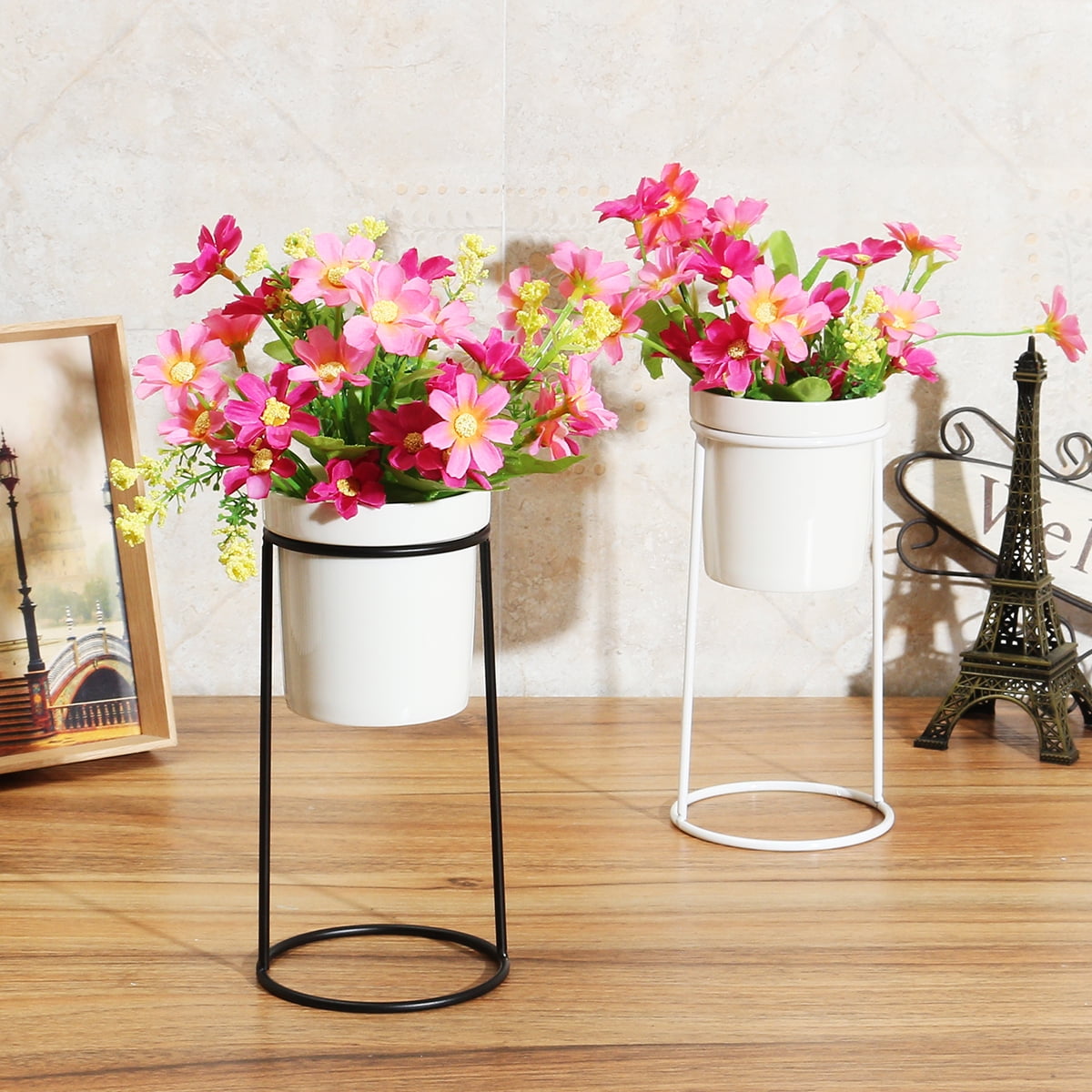 Ceramic Flower Plant Succulent Pot + Iron Garden Display