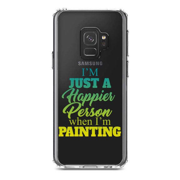 DistinctInk Clear Shockproof Hybrid Case for Samsung Galaxy S9 (5.8" Screen) - TPU Bumper Acrylic Back Tempered Glass Screen Protector - I'm a Happier Person When I'm Painting