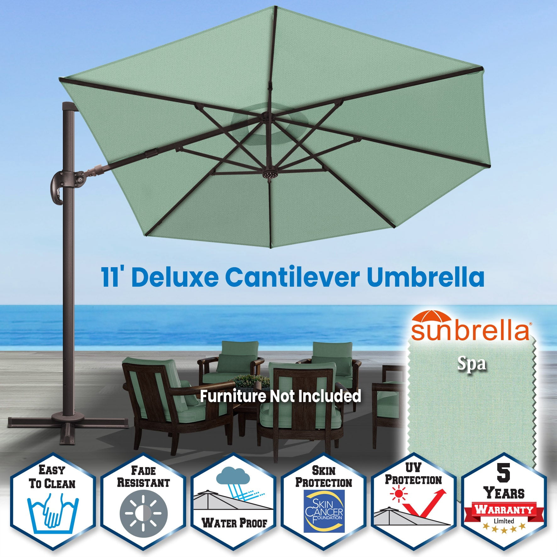 SUNRISEUMBRELLA Roma hanging umbrella Sunbrella Cover Patio Umbrella Garden Outdoor (11',Spa)