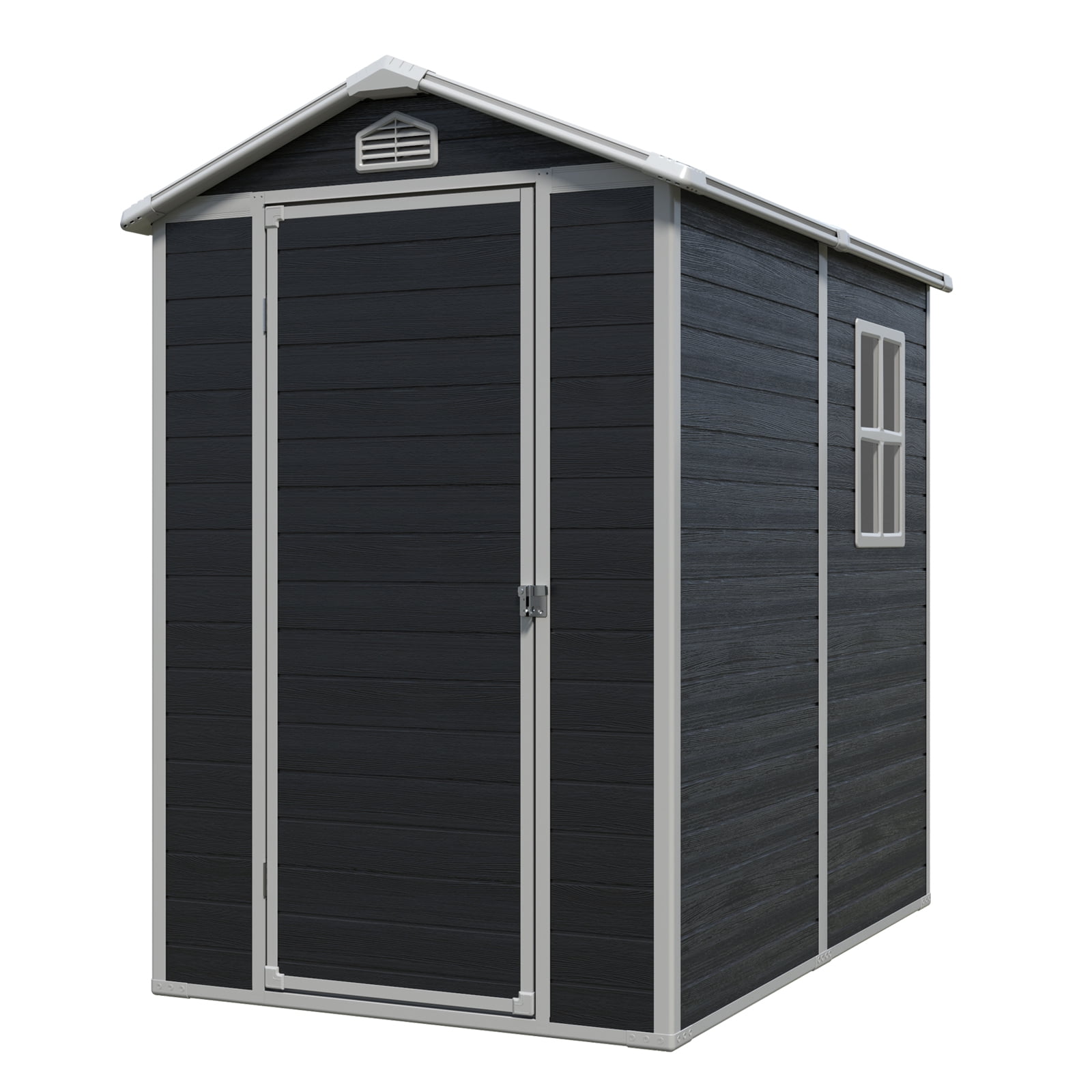 Mintazer 4x6ft Resin Outdoor Storage Shed with Floor & Window, Plastic Garden Tool Shed with Lockable Single Door & Vent for Backyard Lawn Patio, Black