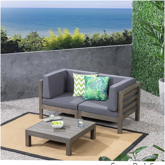 Modern Outdoor Loveseat Set with Table, Dark Grey Acacia Wood Frame & Removable Cushions