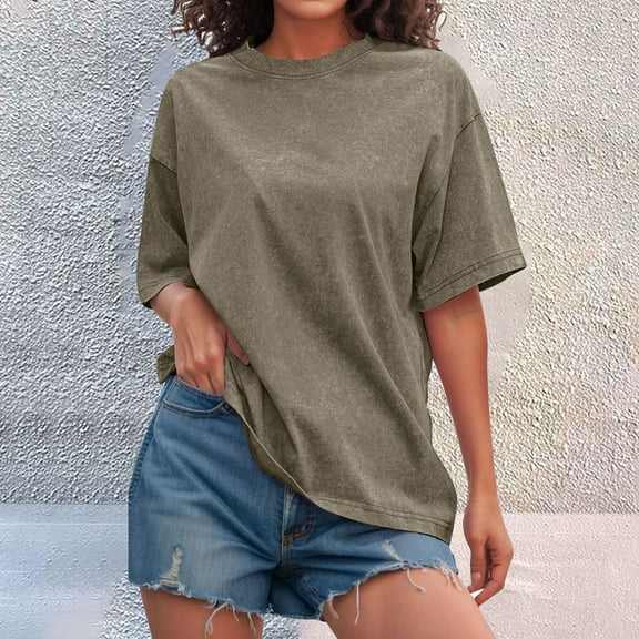 Tittly T Shirts for Women Spring Tops for Women Womens Washed Vintage Oversized T Shirt Casual Baggy Streetwear Tee Workout Short Sleeve Trendy Tops Tshirts Shirts Basic Tees AG L
