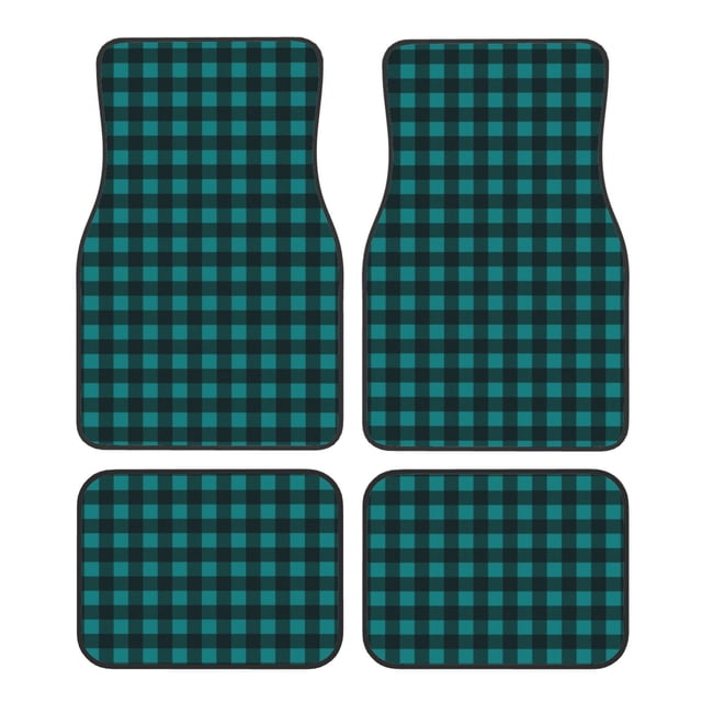 Balery Teal On Black Plaid Juego de 4 Alfombrillas para Auto, Revestimientos de Caucho Resistente, Diseño Antideslizante
