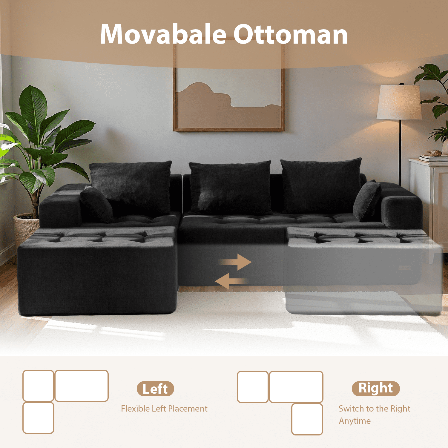 BYBYME Cloud Sectional Couch with L-Shape Chaise Modern Comfy Modular Chenille Sofa for Living Room,Tufted 4-Seat Sleeper Chair with 1 Ottoman,Sofa in A Box,No Assembly Required,Black