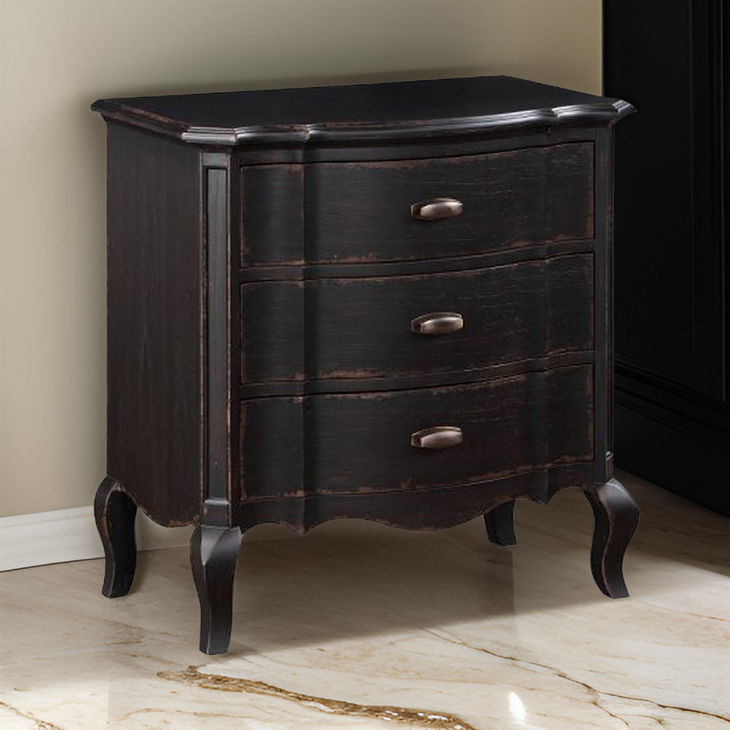 Benjara Cherry 30" Nightstand- 3 Drawers- Cabriole Legs- Rubberwood- Black