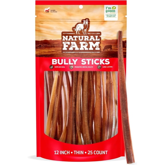 Natural Farm Odor-Free Thin Bully Sticks (12”, 25-Pack) All-Natural Long-Lasting Dog Chews, 100% Beef Pizzle, Grass-Fed, Grain-Free, Protein for Muscle Development & Energy, Perfect for Large Dogs