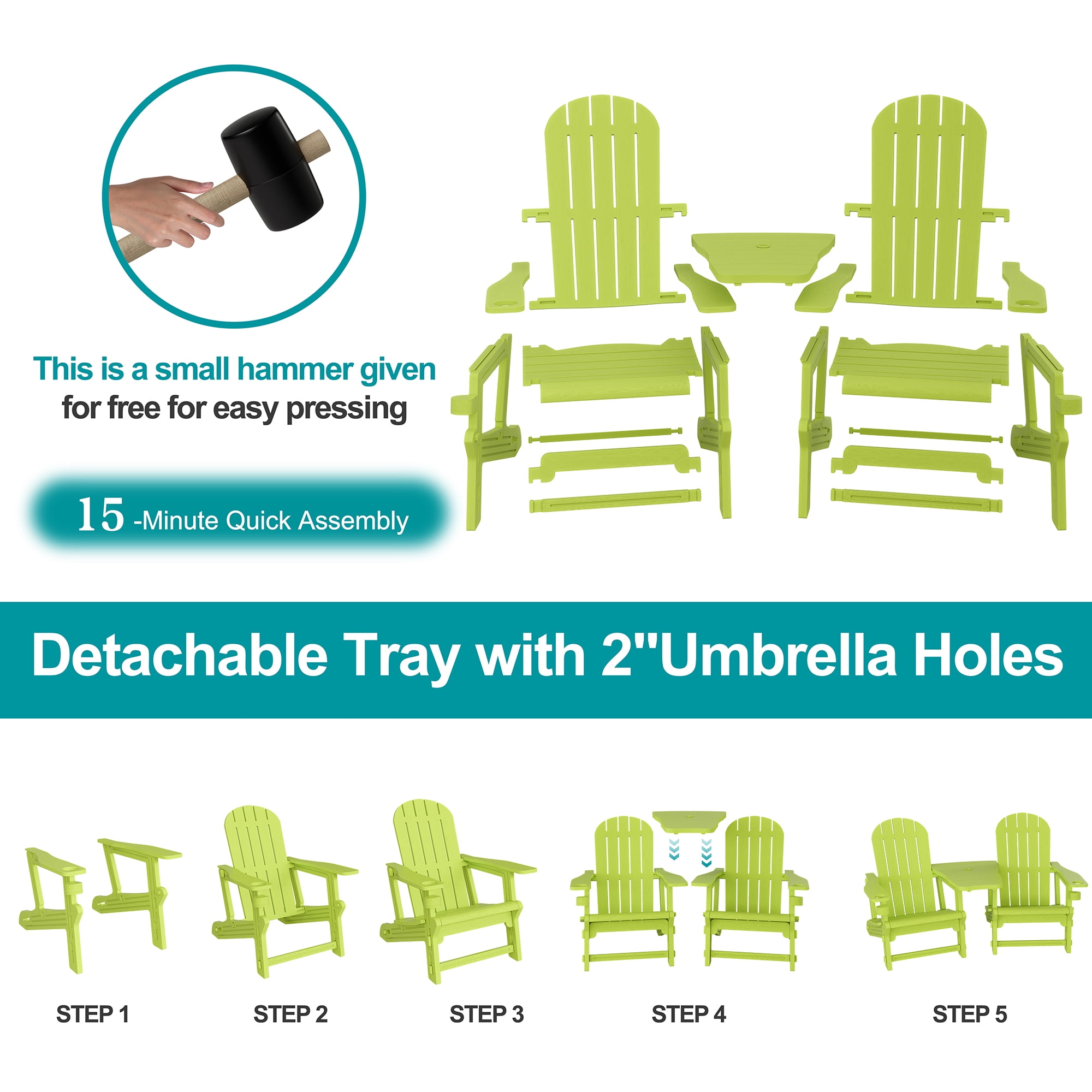 Walsunny Adirondack Chairs Set of 2 Fire Pit Chair Set with Connecting Tray Cup Holder Removable Tabletop,All-Weather HDPE Outdoor Chair Set for Patio Garden Lawn,Green