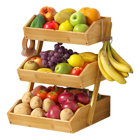 Liwantech 3 Tier Bamboo Fruit Basket with 2 Banana Holders, Kitchen Countertop Organizer Tiered Fruit Bowl for Bread Snack Veggies