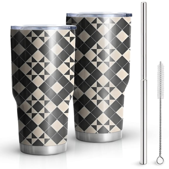 30oz Black Beige Checkerboard Checkered Pattern Tumblers Stainless Steel Tumbler with Lid and Straw,Vacuum Insulated Double Wall Travel Tumbler Cups Mug with Cleaning Brush for Coffee,Tea