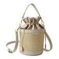 thumbnail image 1 of Bucket Bags Fashion Straw PU Leather Stitching Shoulder Bag for Work (Khaki), 1 of 8