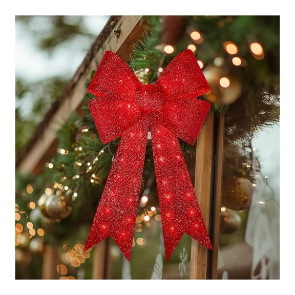 126 LED Christmas Wreath Bow - Red Glitter Holiday Bow for Tree Topper, Door Decor