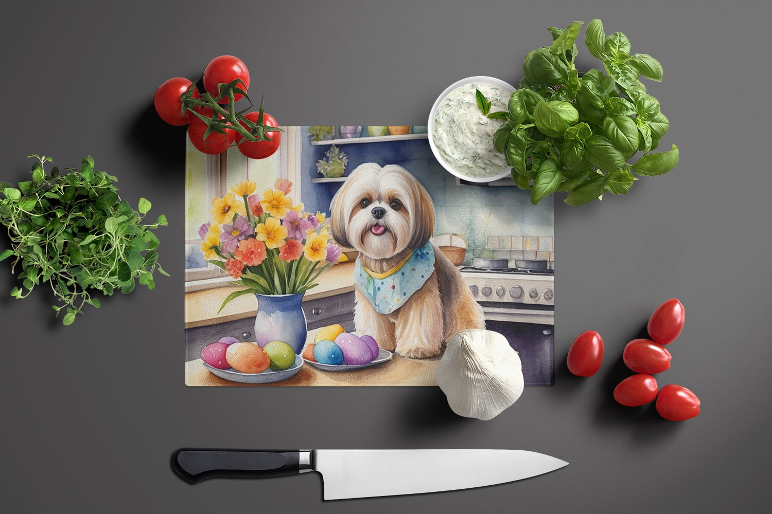 Decorating Easter Lhasa Apso Glass Cutting Board 12 in x 15 in