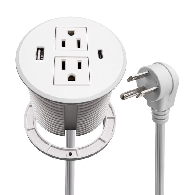 Desk Power Grommet USB C, PD Fast Charge Desktop Power Bar 2 Outlets 2 USB Ports (Total 30W) Recessed Flat Plug Extension Cord Mount into C