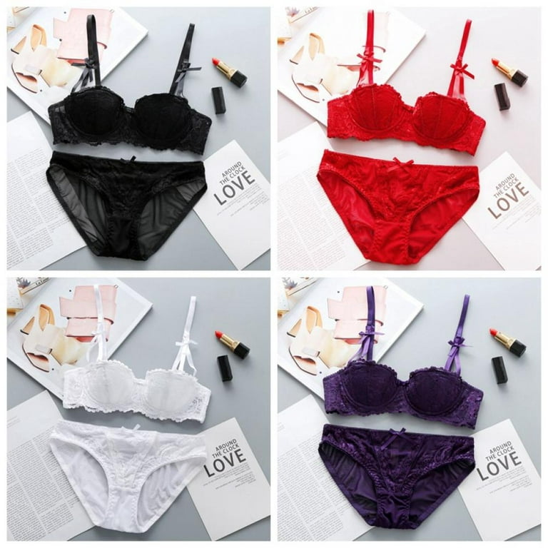 Women Sexy Lace Half Cup Bra Sets Ladies Wireless Breathable Bra + Lace  Panties Sets Underwear Suits
