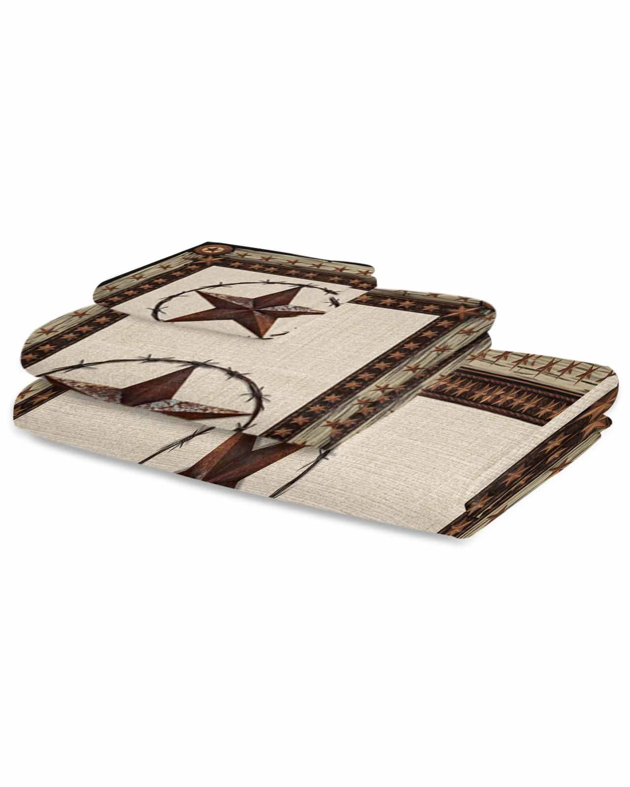 Country Texas Star Towel Set of 3, Soft Microfiber Bath Towels, Hand Towel, Washcloths, Brown Farmhouse Vintage Wooden Quick-Dry Absorbent Towels for Bathroom Kitchen Hotel Beach Gym Spa