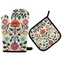 Yayeee Oven Mitts and Pot Holder Set of 2 Heat Resistant Kitchen Gloves Baking Hot Pad, Beige Red Floral