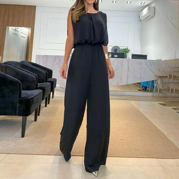 up to 60% off Gifts Usmixi Jumpsuits for Women Dressy Casual Business Elastic Waist Wide Leg Tank Jumpsuits Overalls Summer Round Neck Sleeveless Solid Long Formal Rompers Black xl