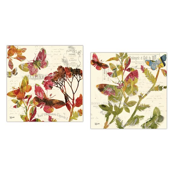 Modern Off-White and Red Butterfly and Flower Adult Decor; 2 - 12" x 12" Unframed POsters