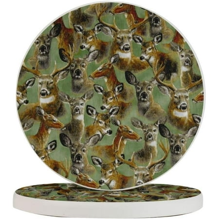 

Set of 2 Round Coasters Deer-Heads-Elk-Camouflage for Drinks 4 Inch Ceramic Cups Place Mats Home Decor