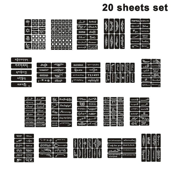 20 Sheets Henna Tattoo Stencils Glitter Reusable Stickers For Men