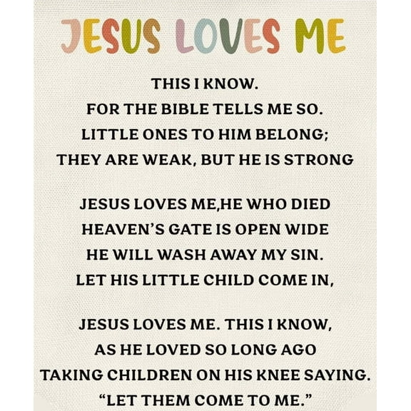 Jesus Loves Me Canvas Wall Banner for Kids,Christian Bible Verse Poster Nursery Sunday School Decor, Religious Gift for Baby or Toddler poster