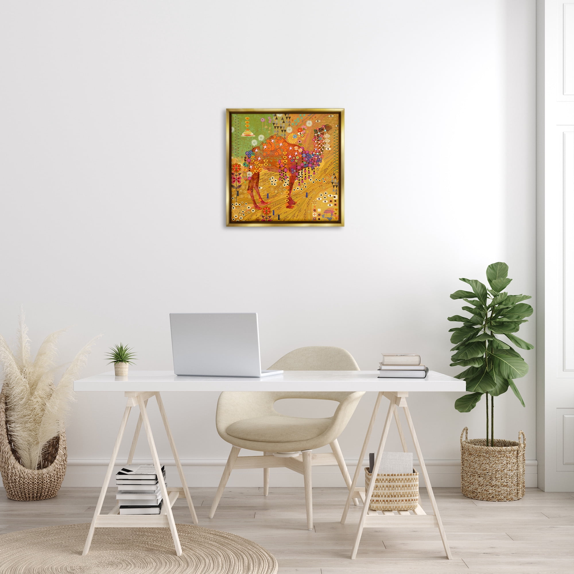 Stupell Industries Boho Patterned Camel Animals & Insects Painting Gold Floater Framed Canvas Art Print Wall Art, 25 x 25