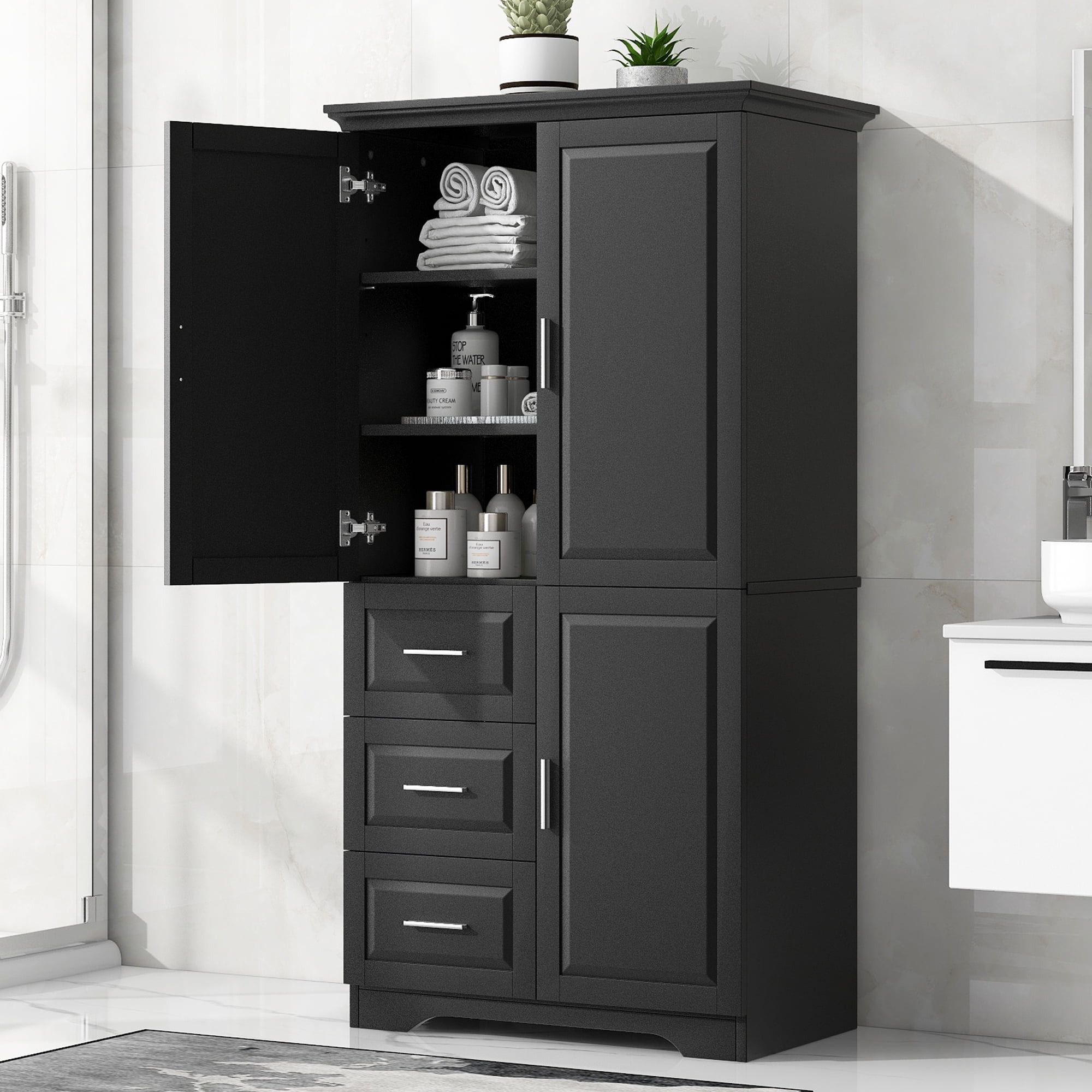 Harper & Bright Designs Tall and Wide Bathroom Storage Cabinet with Drawers and Doors, Modern Bathroom Floor Storage Cabinet with Shelf, Black