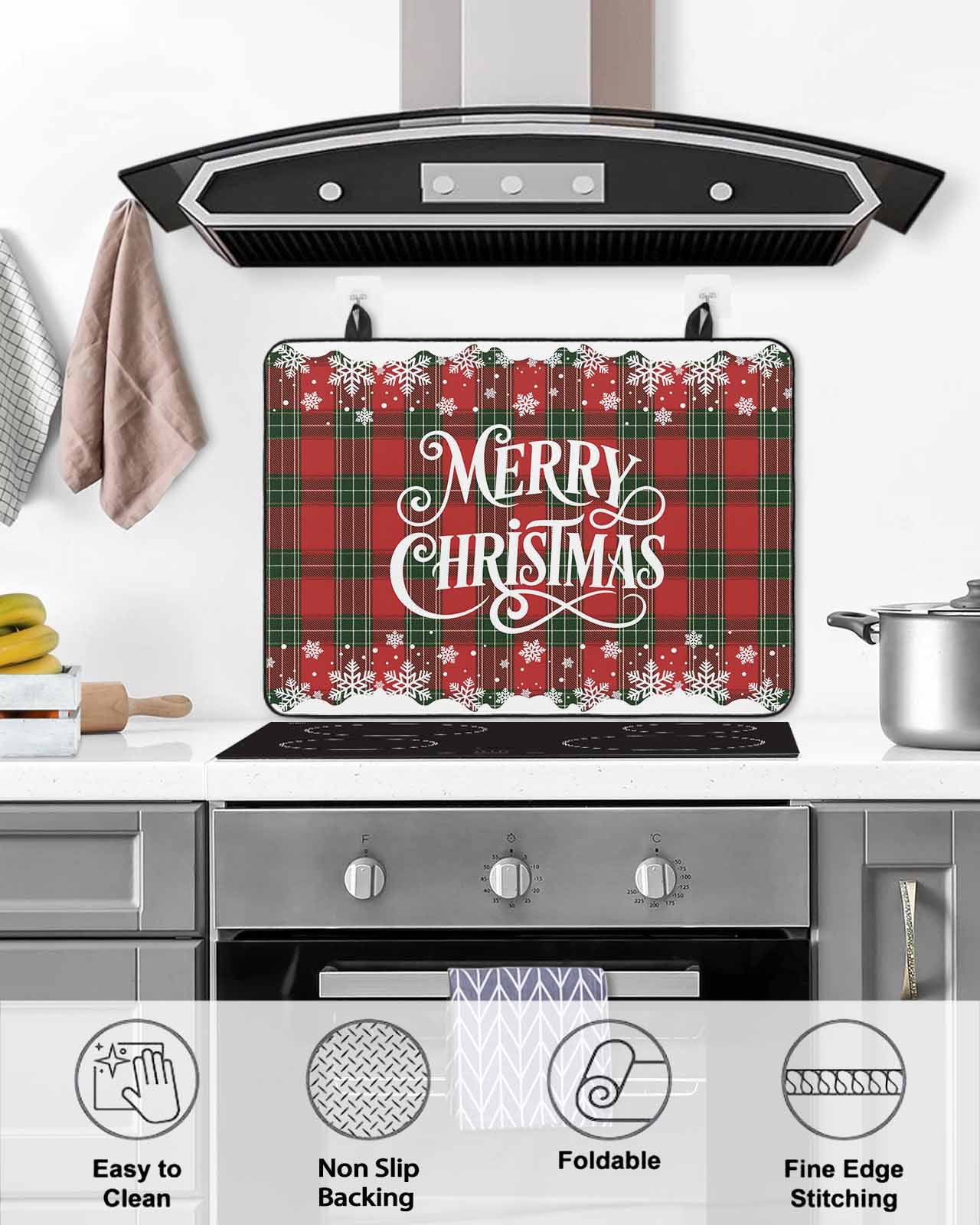 Large Induction Cooktop Protector Mat Christmas Stove Top Covers for Electric Stove, Xmas Red Green Buffalo Plaid Winter Snowflakes Decorative Stove Burner Cover Mats, Glass Top Stove Cover