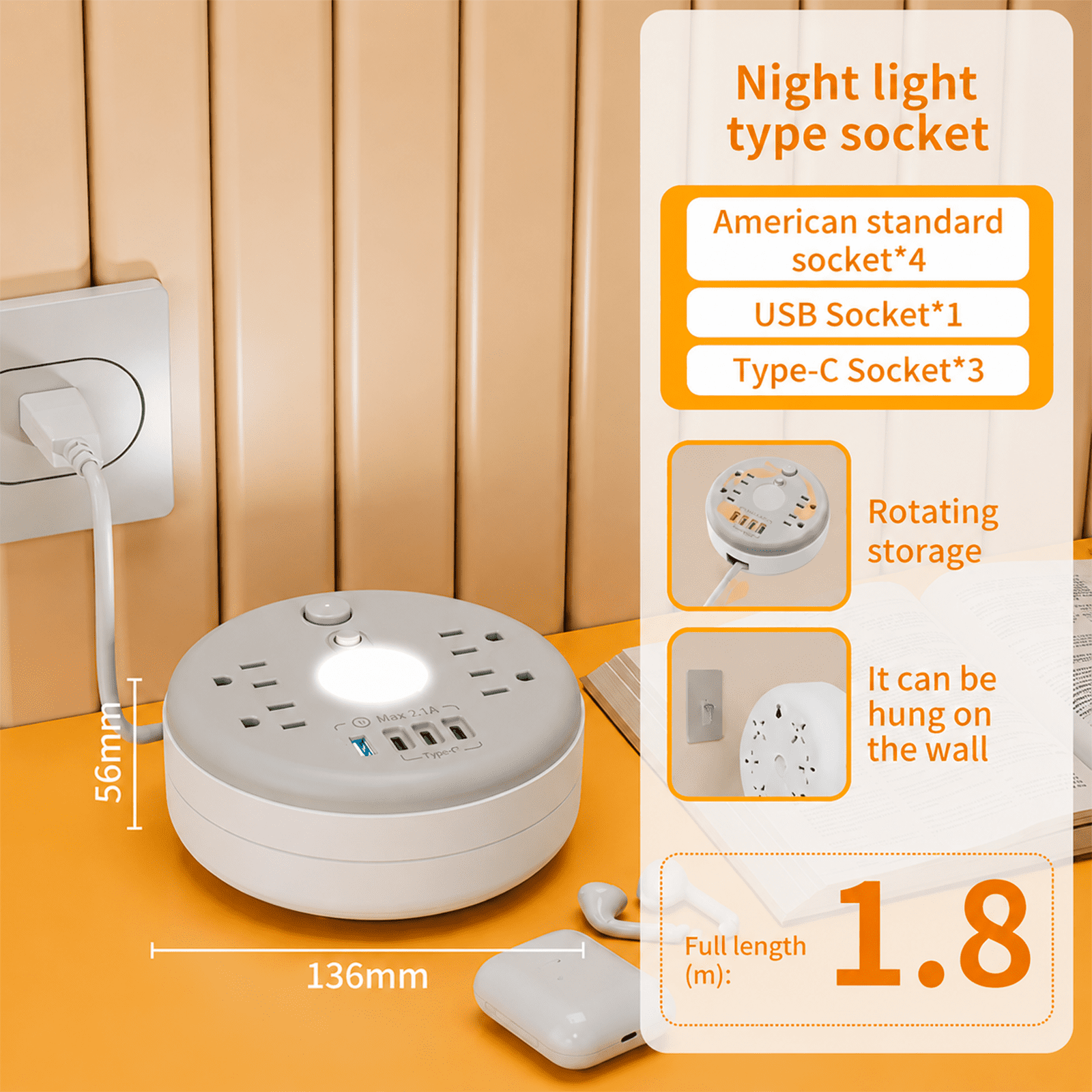 Extendable Power Socket Extender with 2.8m Retractable Cord, 4 AC Outlets, USB-A and USB-C Ports for Bedside, Desk, Sofa