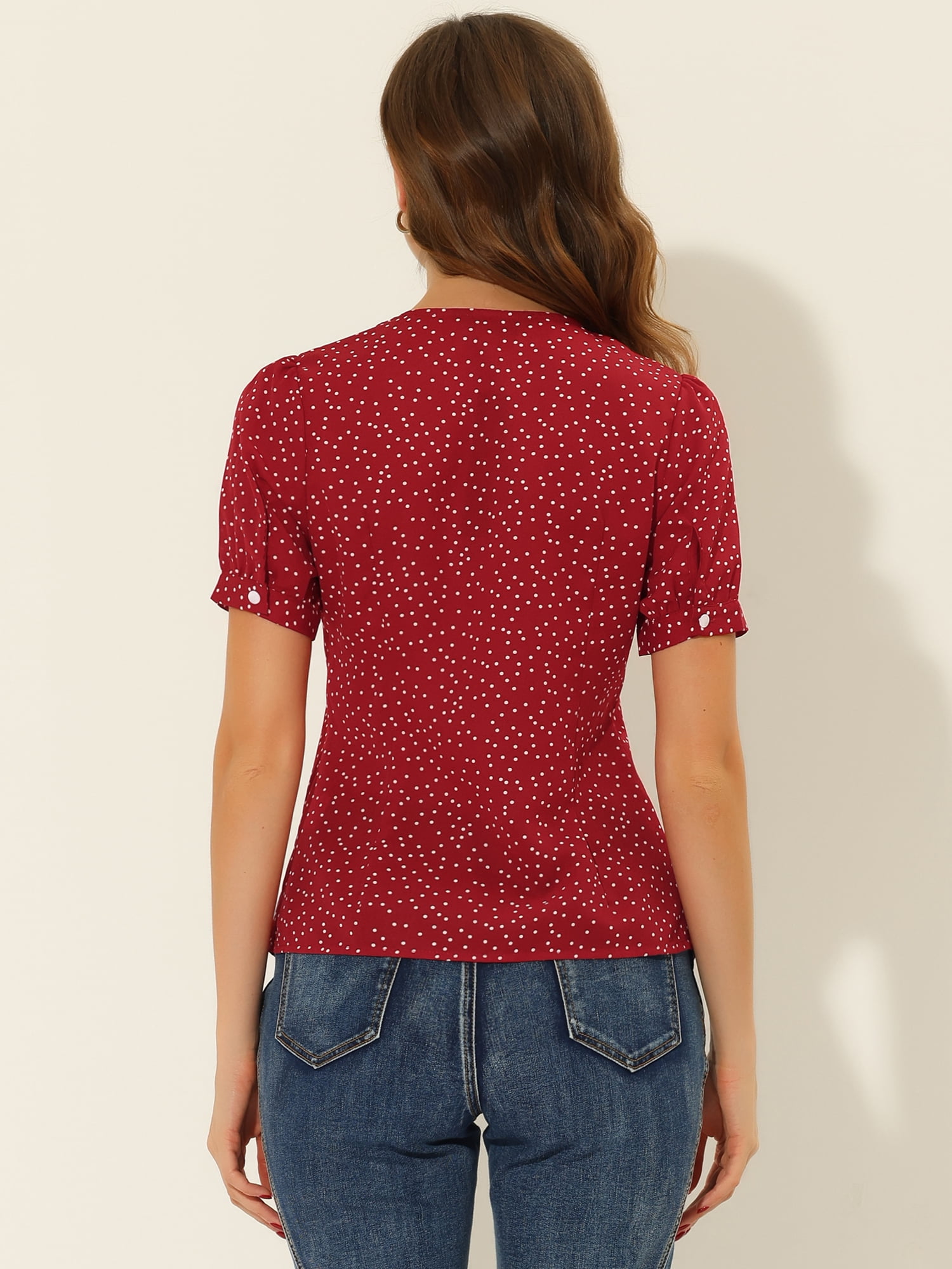 DARING DIVA Women's Polka Dots Peter Pan Collar Puff Sleeve Shirt 3XL Red
