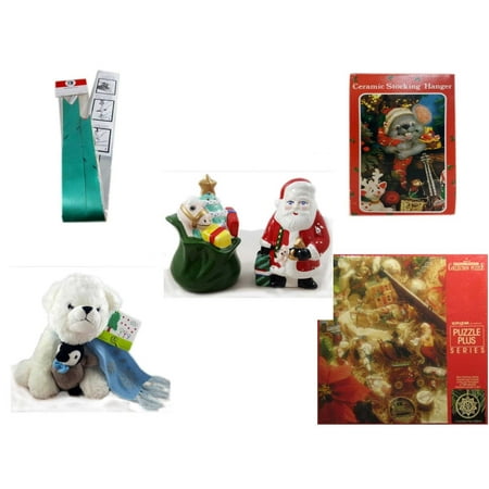 Christmas Fun Gift Bundle [5 Piece] - Myco's Best Pull Bows Set of 10 - Vintage Designed Stocking Hanger Mouse - HomeTrends Santa Salt & Pepper Set - Bearington White  Bear & Penguin Friend  11