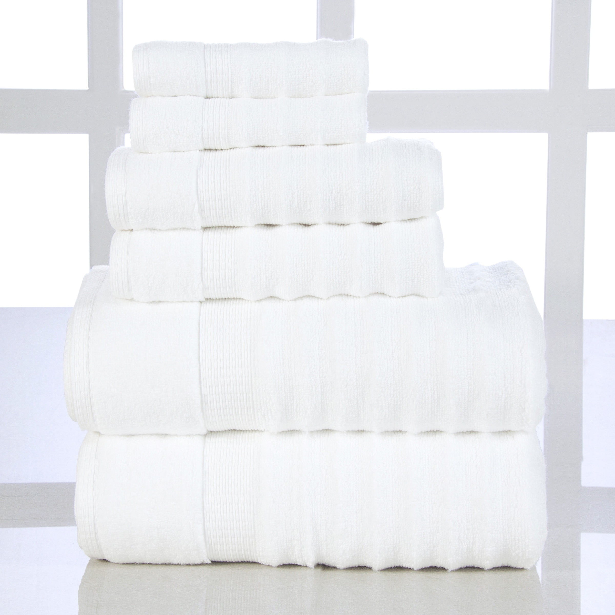 Addy Home Soft Quick Dry 6 PC Ribbed Bath Towel Set, White (2 Bath, 2