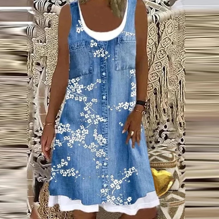Puntoco Summer dresses for women , Women Dress Floral Printing Loose Fake  Two-Piece Denim Dress - Walmart.com