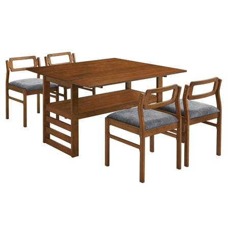 Aukfa 5-Piece Extendable Dining Table Set for 4,Kitchen Table Set w/ Upholstered Chairs,Drop Leaves & Storage Shelf,Natural