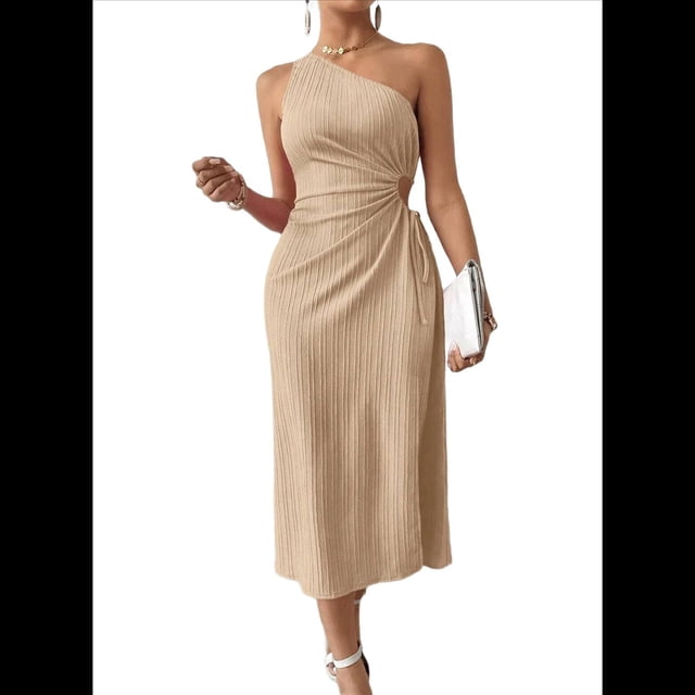 Vestido de Verano Midi Sin Mangas con un Solo Hombro y Abertura Alta para Mujer, Color Albaricoque XL