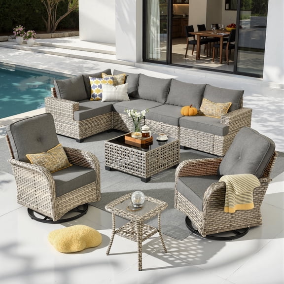 Toject 9 Pieces Patio Furniture Set Outside Furniture Wicker Patio Conversation Set with Swivel Chairs, Outdoor Furniture for Garden, Dark Gray