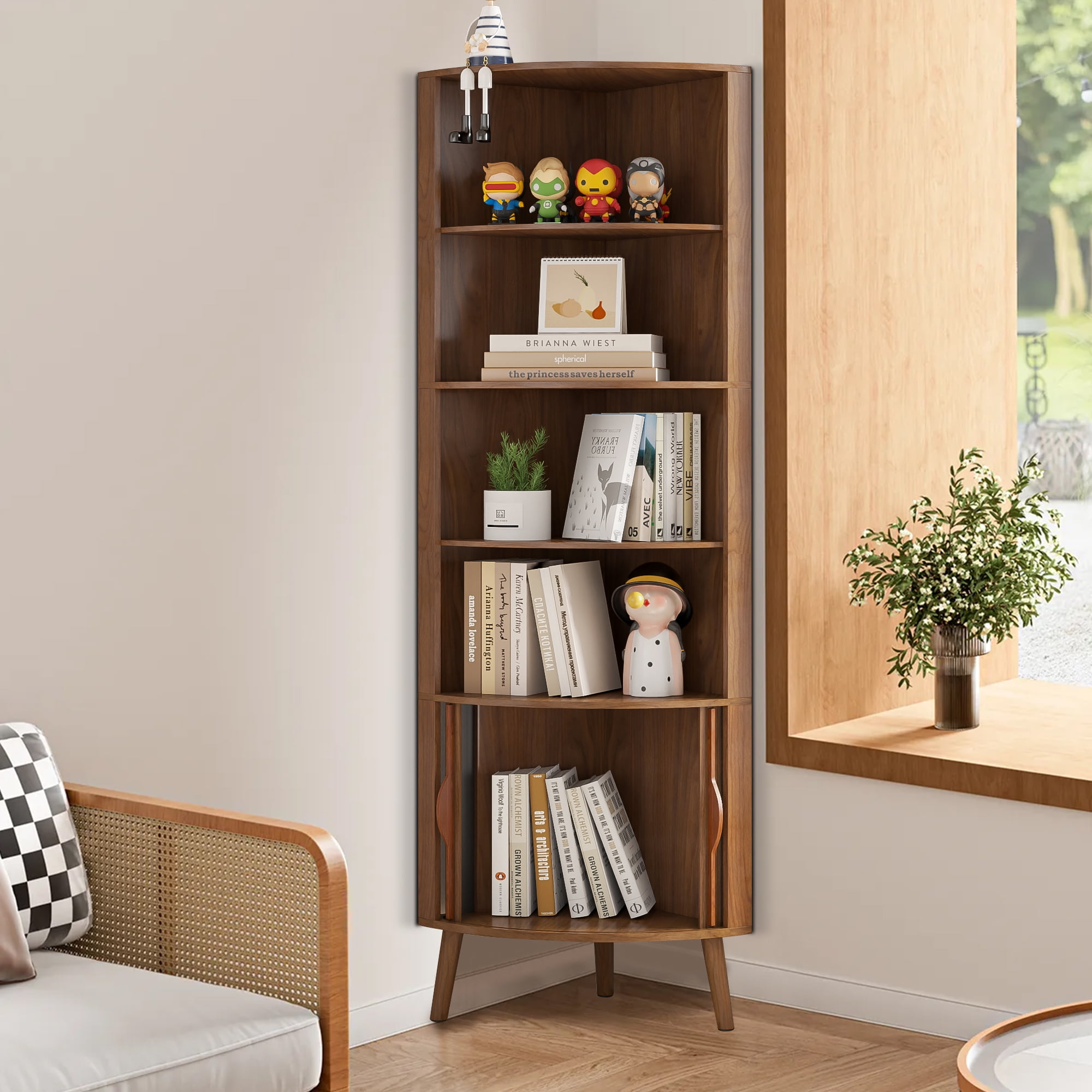 Bathroom Floor Corner Cabinet with Doors, Freestanding Narrow Storage Cabinets for Living Room, Kitchen, Walnut Color