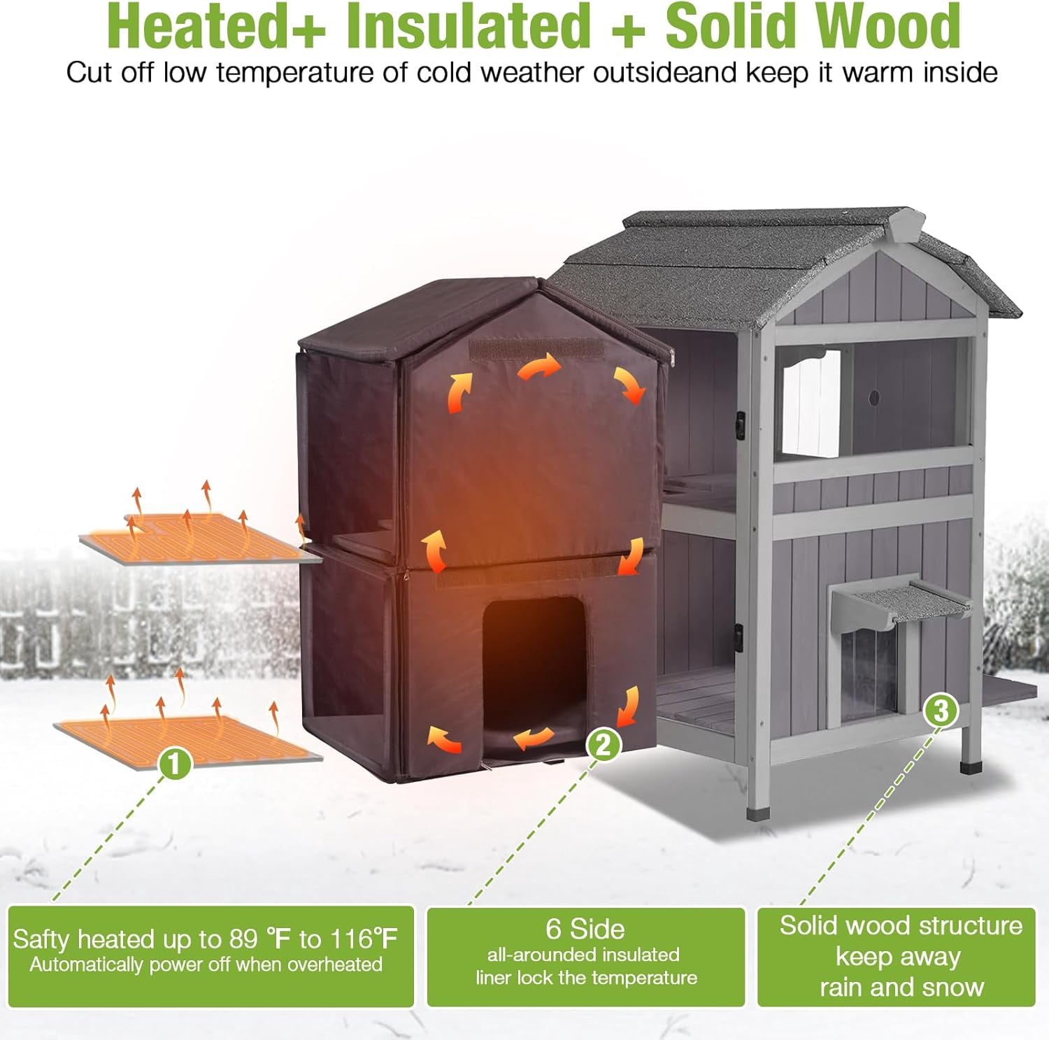 Aivituvin Heated Outdoor Cat House for Outside Weatherproof Feral Cat Shelter for Winter with Heater and Insulated Liner Two Story
