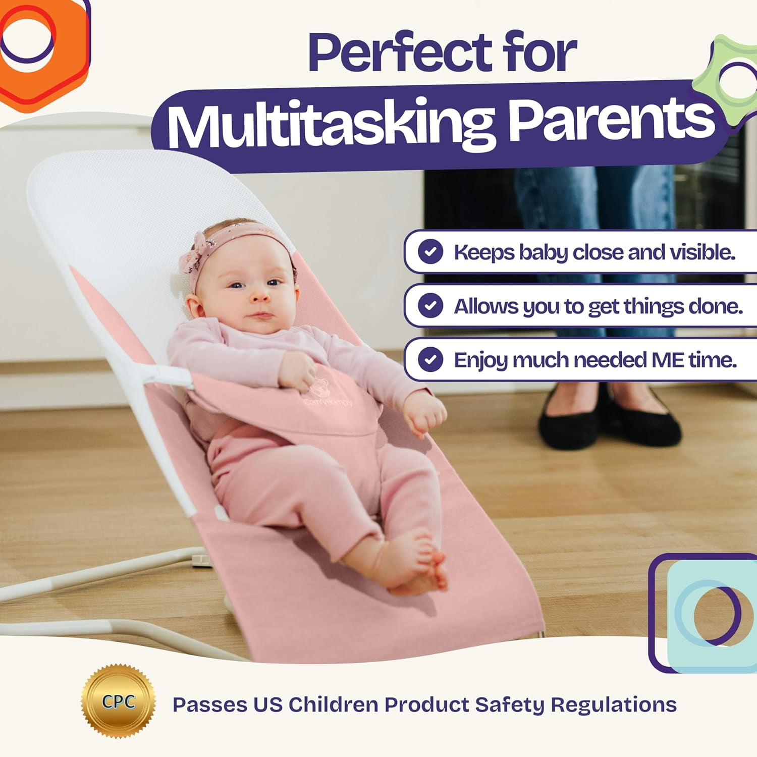 ComfyBumpy Ergonomic Baby Bouncer Seat - Portable Bouncing Chair with Adjustable Height Positions- Pink