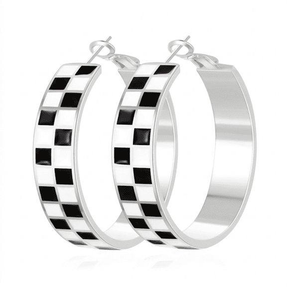 YEUOYEA Silver Plated Checkered Hoop Earrings for Women, Black White Enamel Wide Hoops, 40mm
