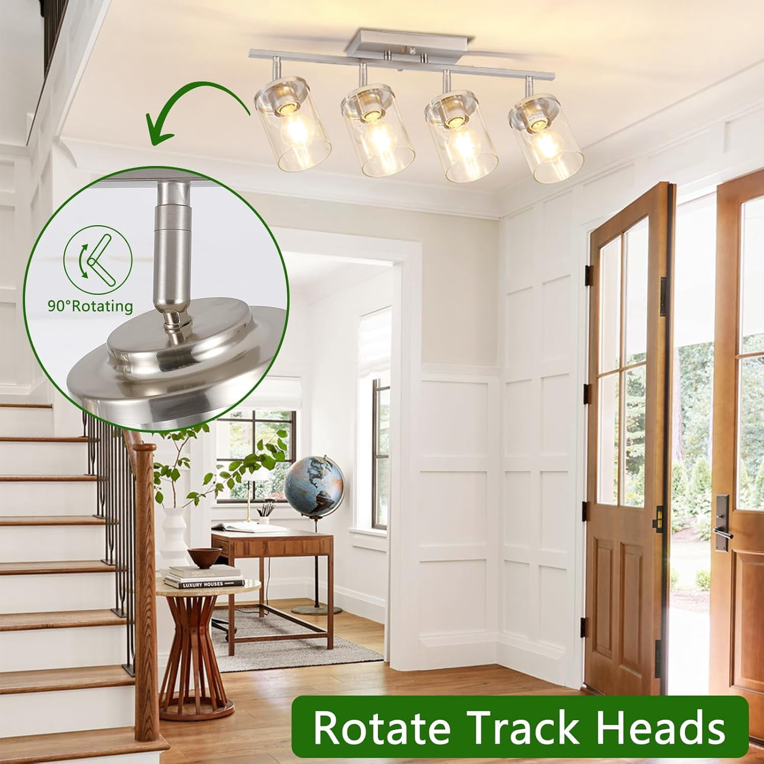 4-Light Brushed Nickel Track Lighting Kit with Clear Glass, Modern Track Light Fixtures Flush Ceiling Mounted, Tracking Vanity Lighting Rotatable Spotlight for Kitchen Bathroom